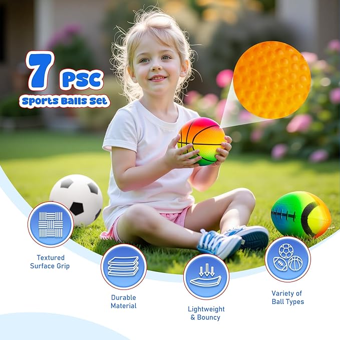 EVERICH TOY Balls for Toddlers 1-3, 7 Pcs 5" Playground Balls for Kids, Soft Rubber Small Sports Ball Set with Football, Basketball, Soccer, Indoor Outdoor Toddler Toys Games Gifts for Boys Girls
