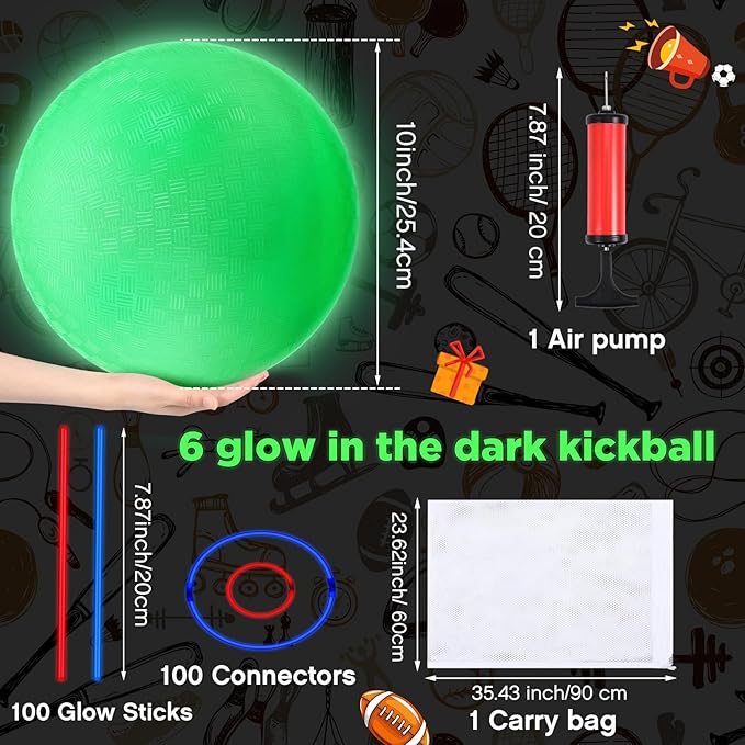 Hiboom 110 Pcs 10 Inch Glow in the Dark Kickballs Dodgeballs Set Includes 6 Pcs Playground Ball with Pump 100 Glow Sticks Storage Bag for Playground Backyard Outdoor Indoor