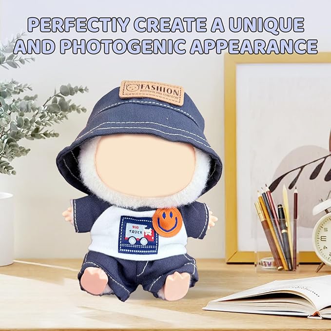 17cm Doll Clothes Set – Designer Blue Shirt Outfit with Hat, T-Shirt & Pants – Fits 17cm Sitting or Standing Dolls (No Doll)