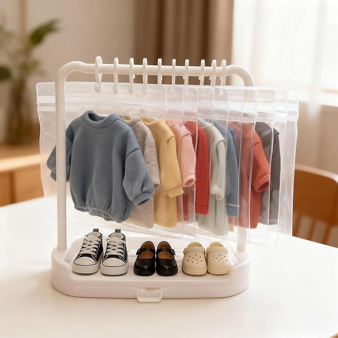 Foldable Wardrobe Closet, Doll Clothes Storage Box with 20 Hangers, Display Shelf & Dust Cover - Stackable Cabinet for 15/17cm Doll Clothes & Accessories
