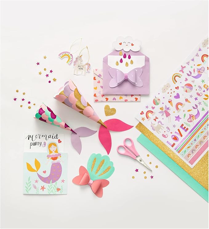 folia 49102 Craft Pad Glitter Everywhere with 27 Sheets of Craft Paper in The Format 24 x 34 cm, with Printed Photo Cardboard, Coloured Paper, Glitter Paper, Pre-Drawn Shapes and Stickers