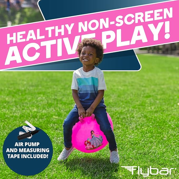 Flybar Hopper Ball for Kids, Inflatable Bouncy Ride-On Ball w/Handle for Indoor & Outdoor Active Play, Includes Pump, Jump Ball Toy for Boys & Girls, Supports Up to 185 lbs, Ages 6+, 22-Inch, Medium