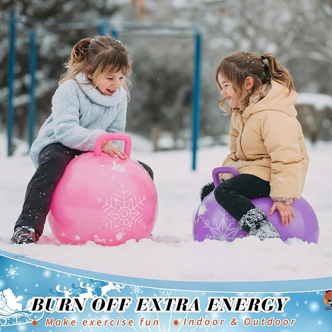 Sratte 6pcs 18 Inch Bouncy Hopper Ball with Handle Christmas Snowflake Bouncing Balls Blue Purple Pink Hopping Toys Inflatable Jumping Toy for Sport Boys Girls Gifts Winter Party Favors