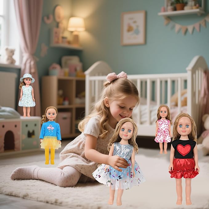 MSYO 10 Sets Doll Clothes for 17 - 18 Inch Dolls, 17 Pcs Diverse Outfits (Lace Dress, Unicorn Shirt & More), Fashion Dress - Up Set for Girl Doll Play & Gifting