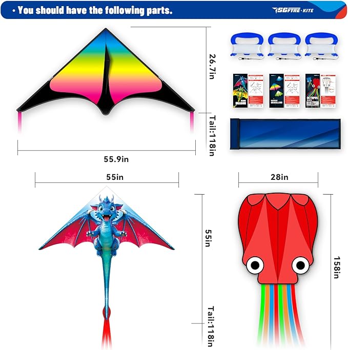 3 Piece Set Butterfly Delta Octopus Kites for Kids and Adults，Easy to Fly for Outdoor Adults Children Line Kite for Kids Toy (Blue Dragon+ Delta+Octopus Red, 3)