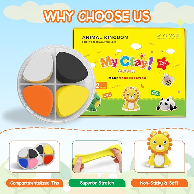 Air Dry Clay for Kids Air Clay Art Kits 12 Box Animals Theme Air Dry Modeling Clay Kit w/Sculpting Tools& Step-by-Step Tutorials,Ultra Soft Non-Sticky,Craft Party Favors Clay Toy Gift for Boys Girls