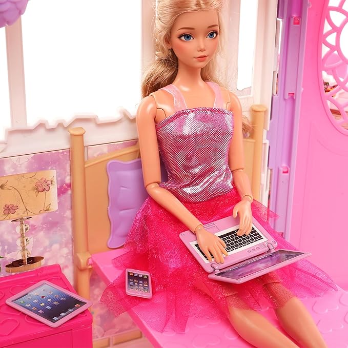 Miunana Doll Accessories and Dollhouse Set with Mini Computer Phone Headset Sunglasses Set Dollhouse 5 Pcs Kit Metal Dollhouse Computer Set