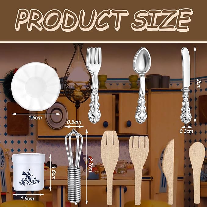 Skylety 37 Pieces 1:12 Scale Miniatures Dollhouse Kitchen Accessories Include 16 Plates Knife Fork Spoon, 6 Egg Beater Utensil, 15 Tea Cup Set(Red Rose)