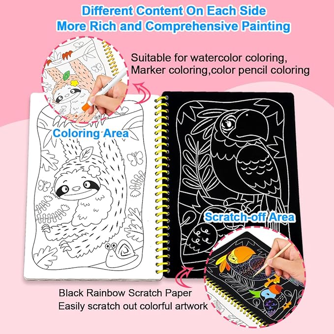 JUNQIU Easter Basket Stuffers, 2 Pack Animal & Unicorn Scratch Art for Kids, Rainbow Scratch Paper Art Notebook, Arts and Crafts for Boys Girls, Birthday Gifts Party Games