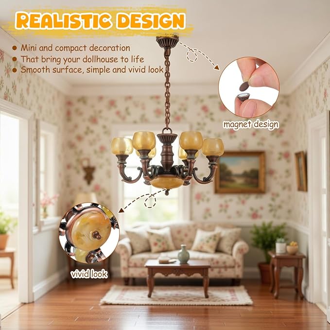 Garneck Dollhouse Chandelier Lights: 1/12 Scale Miniature Ceiling Lamp Vintage Mini Pendant Light Furniture Decor Gift for Kids Girls DIY Lovers Doll House Decoration Accessories
