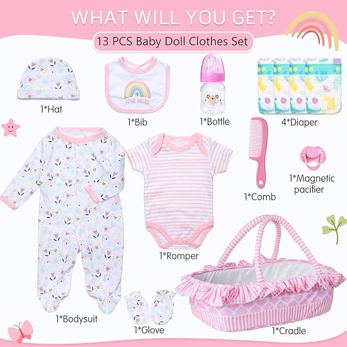 13 Pcs Baby Doll Accessories Set for 17-22 Inch Girl Baby Dolls, Reborn Baby Doll Clothes with Heart Bassinet Pink Basket Newborn Doll Outfits Kids Pretend Play Set