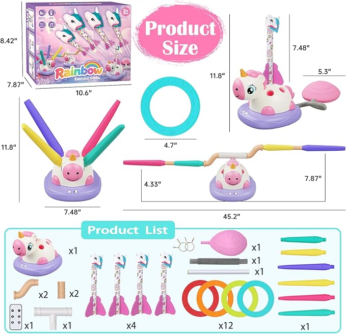 Easter Outdoor Toys for Kids, 3 in 1 Rocket Launcher, Musical Jumping & Ring Toss Games with Remote Control, Unicorn Toys for Girls, Outdoor Play Games for Toddlers 3-5 4-8 Birthday Gift Party