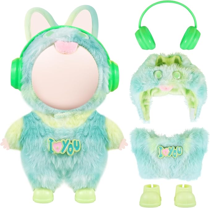 17cm Doll Clothes Set for Labubu Dress Up,Cute Outfit ,4 Piece Hat Overalls Headphones Shoes Dolls Clothing Accessories(NO Doll) (Green)