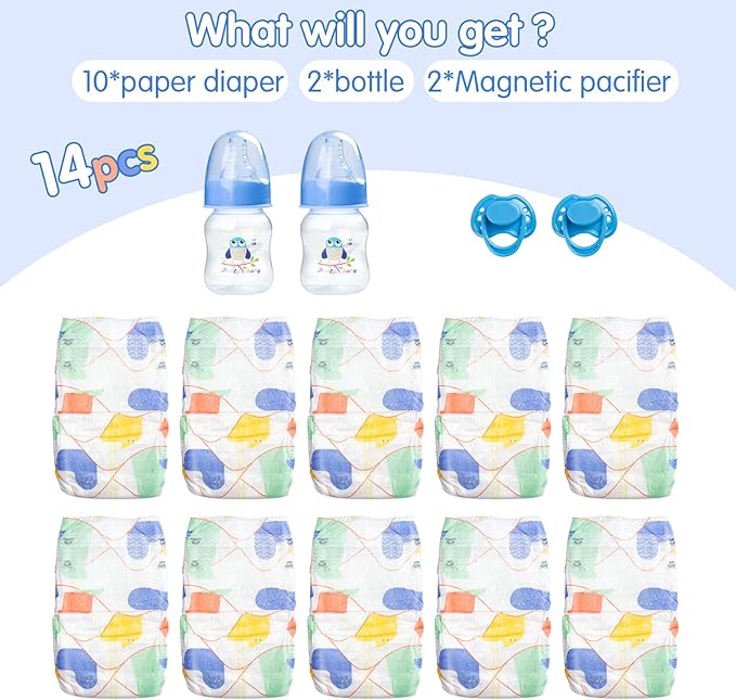 14 Pcs Reborn Baby Doll Accessories Set Fit 17-22 Inch Newborn Baby Doll Paper Diapers Blue Feeding Bottle Magnetic Pacifier Boy Girl