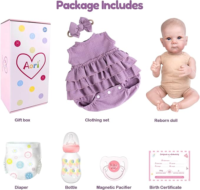 Aori Lifelike Reborn Baby Dolls - 20'' Realistic Newborn Girl Weighted Real Baby Doll with Purple Outfit Set - Soft Cloth Body for Cuddling, Gift for Kids 3+