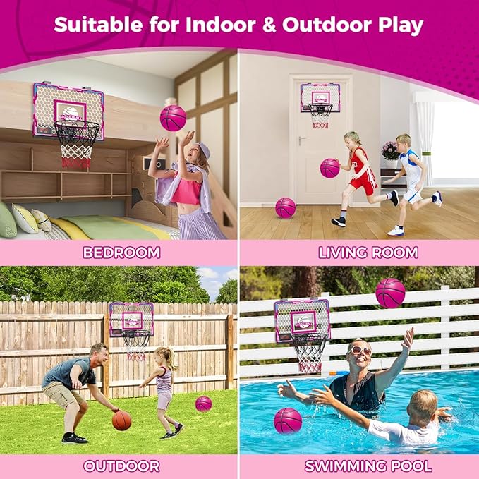 VATOS Basketball Hoop for Girls Indoor, Pink Basketball Hoop with 7 Color Lights, Electronic Scoreboard & Remote Controller, Basketball Set Toys Birthday Gifts for Girls Kids Teens 5-12
