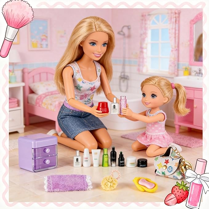 72Pcs Dollhouse Mini Jewelry Storage Case Handbag Towel Cosmetic Set Bathroom Acessories Toothbrush Shampoo Perfume Hair Dryer Comb Purse Decor DIY Doll Backpack Girl Micro Scene