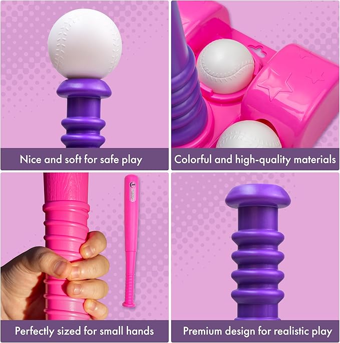 TOMLEON T Ball Stand for Girls 3-5, 5-8. Baseball Set Includes 6 Large Balls, an Adjustable Tball Batting Tee, and a Storage Net. Kids Bat and Ball, T-Ball Sets for Kids