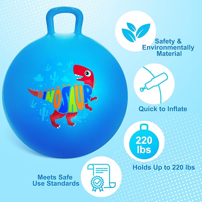 ZOOJOY Hopper Ball for Kids18In Bouncy Balls with Handle, Blue Dinosaur Indoor Outdoor Boys Toys for Active Play with Pump, Easter Basket Stuffers Girls Boys Gifts for 3 4 5 6 7 8Yr Balance Toys