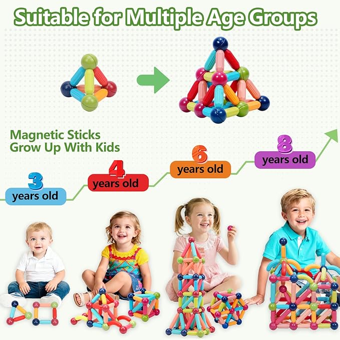 COUOMOXA Magnetic Toy Montessori for Kids: 3 4 5 6 7 8 9 10 11 12 Years Old Kids Building Sticks - Magnetic Creative Toy Age 3-12 Playroom Family - Christmas Birthday Gift for Boys Girls