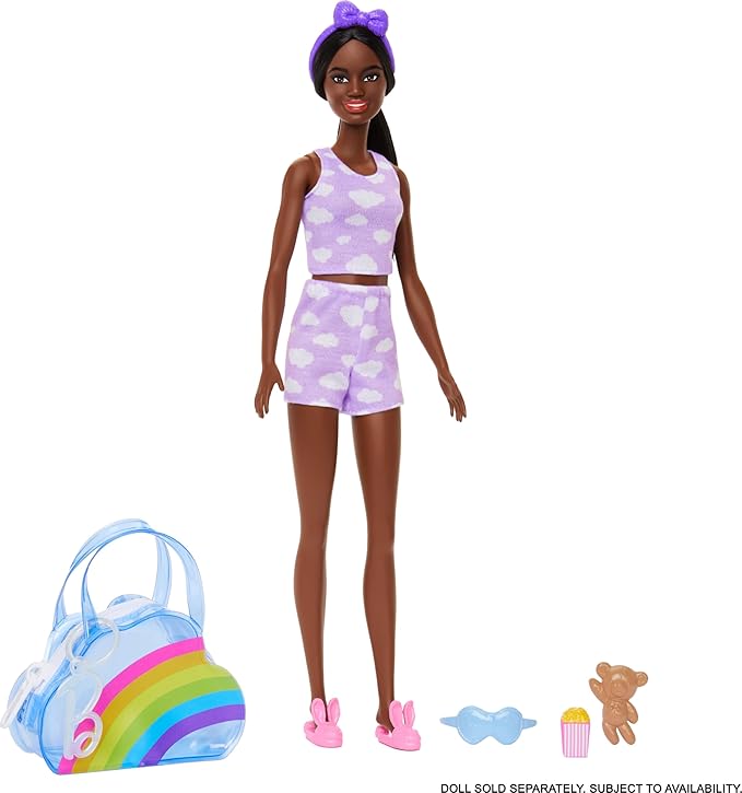 Barbie Clothes & Accessories, Deluxe Keychain Rainbow Bag with Pajamas & Slumber Party-Themed Accessories for Fashion Dolls Like Slippers