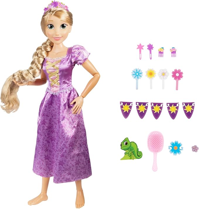 Disney Princess Rapunzel Doll Playdate 32” Tall & Poseable, My Size Articulated Doll in Purple Dress, Comes with Brush to Comb Her Long Golden Hair, Flower Garland Hairband & Hair Pins