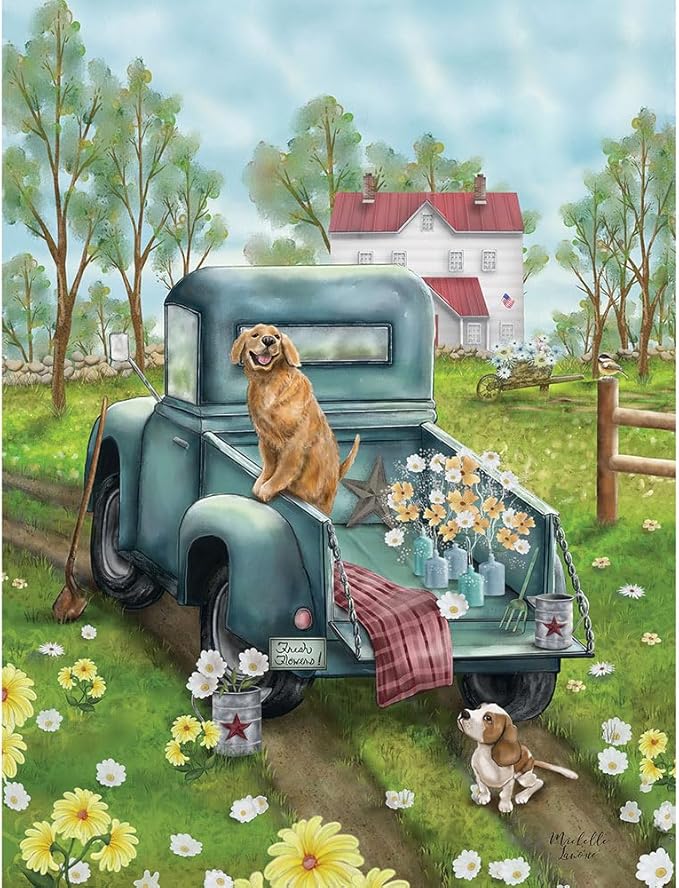 Bits and Pieces – Large 300 Piece Jigsaw Puzzle for Adults – Fresh Flowers - Country Dogs Jigsaw Puzzle by Michelle Lanoue, Completed Puzzle Size: 18" x 24"