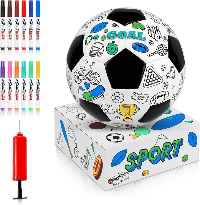 Size 3 Color Your Own Soccer Ball Black DIY Custom Craft Kit with Pump 12 Markers Personalized Youth Toddler Training Paint Your Own Toy Creative Gift for Kids (Black Soccer Ball, 3)