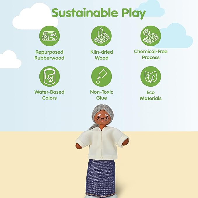 PlanToys® Grandmother Wooden Dollhouse Figurine | Poseable 1:12 Scale Mini Doll (5 Inch) | Dollhouse Accessories for Pretend Play | Eco-Friendly Montessori Toy for Kids Ages 3+