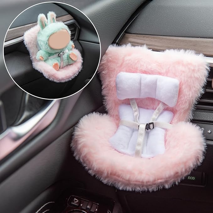Doll Car Seat Compatible with Bubudoll, Small Seat for 10-17cm Blind Box Toys, Including Air Vent Clip, Desktop Stand, Adjustable Safety Strap, Airflow-Friendly Design, Ideal Car Decor Gifts(Pink)