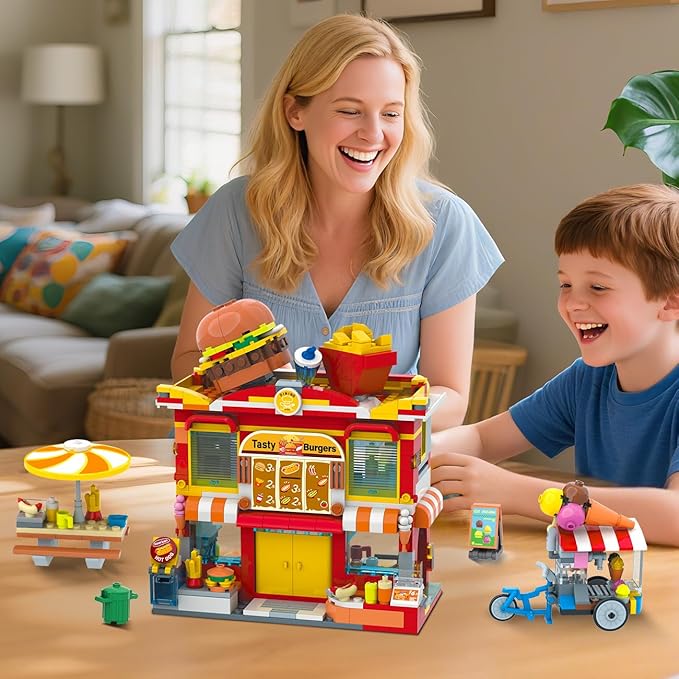 HOGOKIDS City Burger Truck House Building Toy - 2 in 1 Burger Van and Restaurant Building Blocks Set Mobile Ice Cream Food Cart Tables Restaurant Playset Valentines Gift for Kids Boys Girls 6+(826PCS)