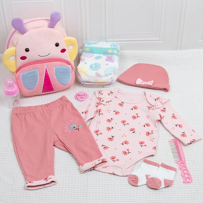 Reborn Baby Dolls Clothes Girl Outfit Accessories Pink Flower 12 Pcs for 17-22 Inches Reborn Dolls Newborn Girl with Butterfly Backpack