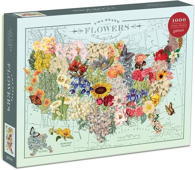 Galison Wendy Gold USA State Flowers Puzzle, 1000 Pieces, 20” x 27” – Jigsaw Puzzle Featuring a Colorful Illustration – Thick Sturdy Pieces, Challenging Family Activity, Great Gift Idea