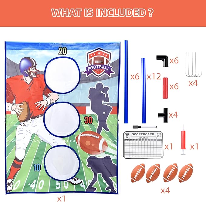 Football Toss Game Set with 4 Inflatable Balls – Football Throwing Target Toy for Kids Ages 8-12, Indoor & Outdoor Sports Activity for Boys and Girls Ages 3+