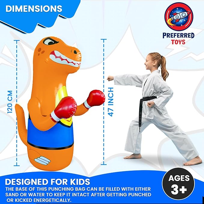 47" Inflatable Dinosaur Punching Bag for Kids - Durable Blow Up Kids Punching Bag with Bounce Back Base - Inflatable Indoor Outdoor Active Toddler Bop Play Toy