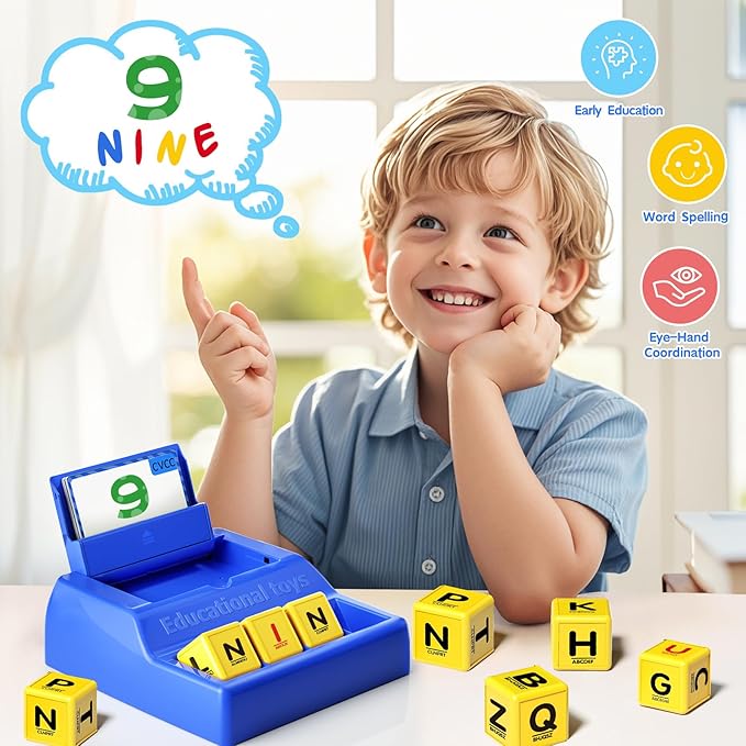 Montessori Matching Letter Game for Kids Ages 3-8 | Educational Learning Spelling Toys with Storage Function | Christmas Birthday Gifts for 3 4 5 6 Year Old Boys & Girls | Larger Blue (50% Bigger)