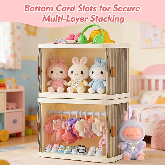 2026 Foldable Doll Closet Storage Box, Portable Organizer Case Compatible with labubu Clothes,Dust-Resistant Doll Clothes Closet,Stackable Design&Exclusive Gift:1Exquisite Necklace