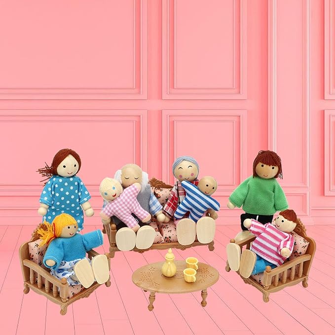 ONEST 15 Pieces Wooden Dollhouse Family Set Mini People Figures Sets Dollhouse Dolls Wooden Doll Family Pretend Play Figures Accessories for Pretend Doll House