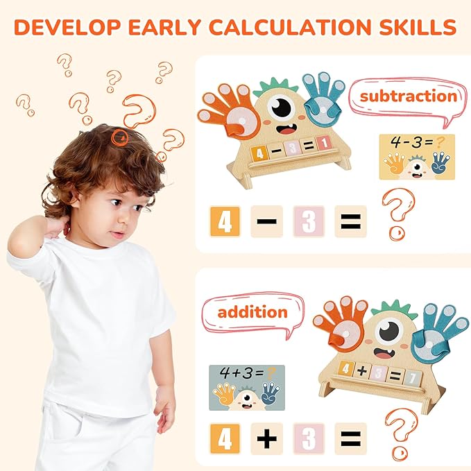 Finger Counting Math Toy for Kids 3-5, Montessori Monster Math Toy with Number Blocks, Hands-On Addition & Subtraction Learning Toy, Educational Birthday Gift for Toddlers