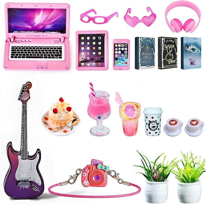 21 Pcs Dollhouse Miniature Laptop Computer Tablet Phone 1/12 1/6 Scale Tiny Book Drinks Guitar Instrument, Doll House Furniture Decor Cake Glasses Coffee Mini Headset, Camera, Potted Plants (Pink)