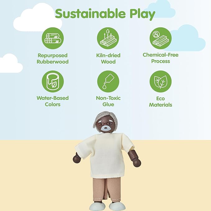 PlanToys® Grandfather Wooden Dollhouse Figurine | Poseable 1:12 Scale Mini Doll (Dark Skin Tone, 5 Inch) | Dollhouse Accessories for Pretend Play | Eco-Friendly Montessori Toy for Kids Ages 3+