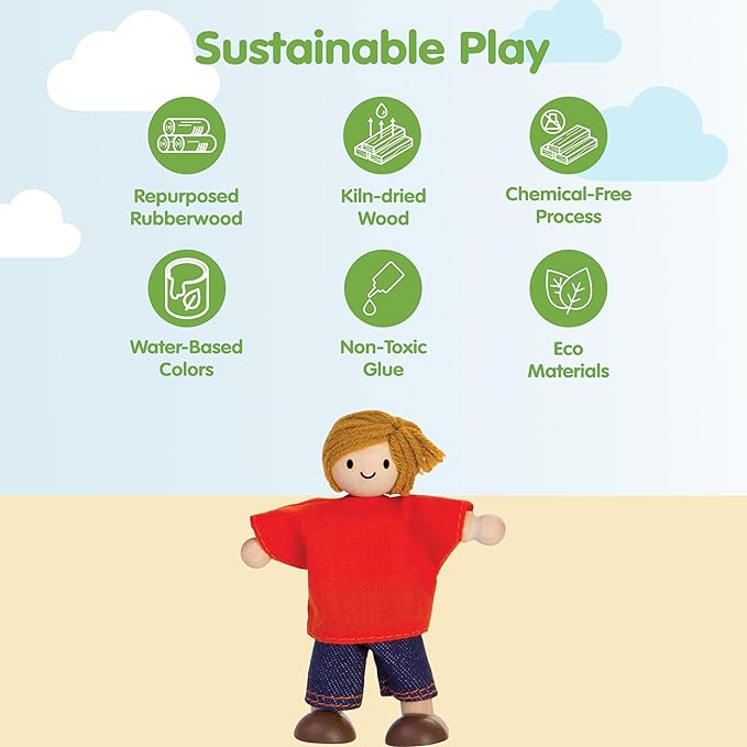 PlanToys® Boy Wooden Dollhouse Figurine | Poseable 1:12 Scale Mini Doll (4 Inch) | Dollhouse Accessories for Pretend Play | Eco-Friendly Montessori Toy for Kids Ages 3+