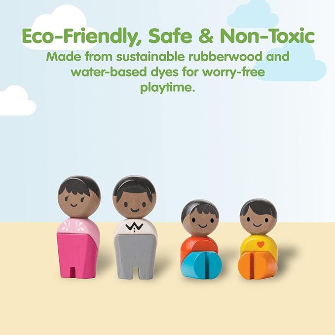 PlanToys® Family Wooden Dollhouse Figurine Set | 4 Poseable 1:12 Scale Mini Dolls (Parents & Kids) | Dollhouse Accessories for Pretend Play | Eco-Friendly Montessori Toy for Kids Ages 3+