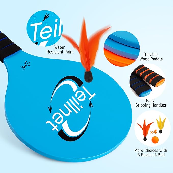 Beach Paddle Ball Set, Family Games for Kids and Adults, Badminton Set with 4 Rackets, Indoor Outdoor Sports Toys Lawn Camping Backyards Yard Games Easter Basket Stuffers Gifts for Boys Girls