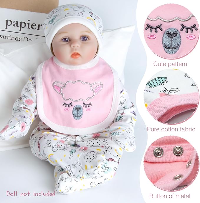 Reborn Baby Dolls Clothes Girl Pink Animal Theme Outfit Accessories 5 Pcs Set for 17-22 Inch Newborn Baby Girl Reborn Dolls Clothes