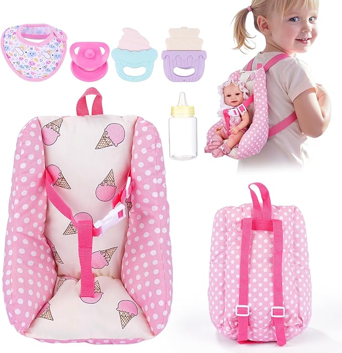 BABESIDE Baby Doll Carrier Set – Realistic Baby Doll Accessories with Carrier, Bib, Rattle, Bottle & Feeding Toys for 10–12 Inch Dolls（Not Doll）