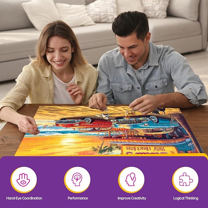 500 Piece Beach Vintage Truck Jigsaw Puzzle for Adults, Summer Sunset Surf Puzzle, Dog Puzzles for Adults 500 Pieces, Home Decor Birthday Party Gift for Men Women Elders, 20.5 x 15 in