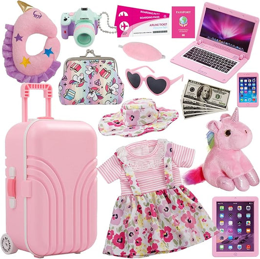 Windolls 18 Inch Doll Suitcase Travel Luggage Play Accessories, Doll Clothes Accessories Carrier Storage Set, Case, Hat, Sunglasses, Camera, Pillow, Toy Pet