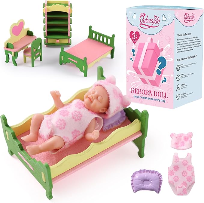 BABESIDE Mini Silicone Baby Dolls, 3 Inch Realistic Newborn Baby Dolls Full Silicone Sleeping Little Mini Real Life Baby Girl Miniature Baby with Playset Accessories(Pink)