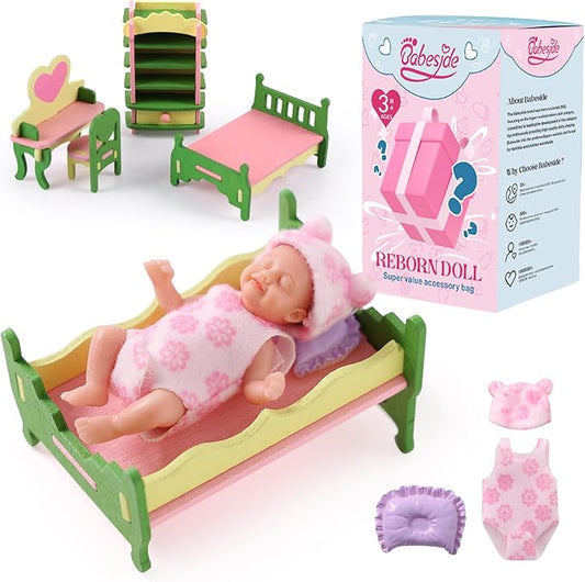 BABESIDE Mini Silicone Baby Dolls, 3 Inch Realistic Newborn Baby Dolls Full Silicone Sleeping Little Mini Real Life Baby Girl Miniature Baby with Playset Accessories(Pink)